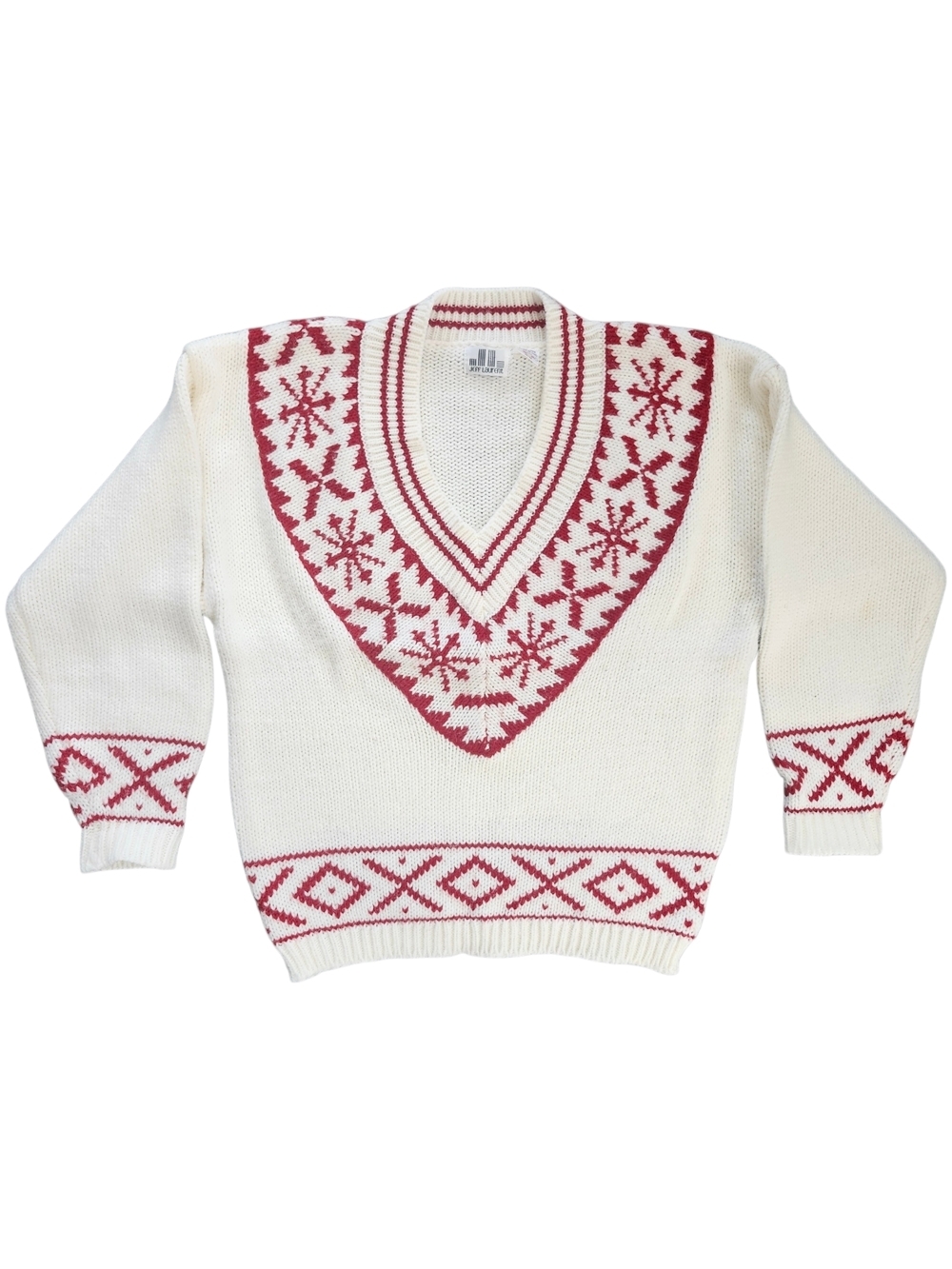 Vintage Nordic Fair Isle Sweater Red Cream Chunky Knit Ski Après Pullover Womens - Picture 2 of 8